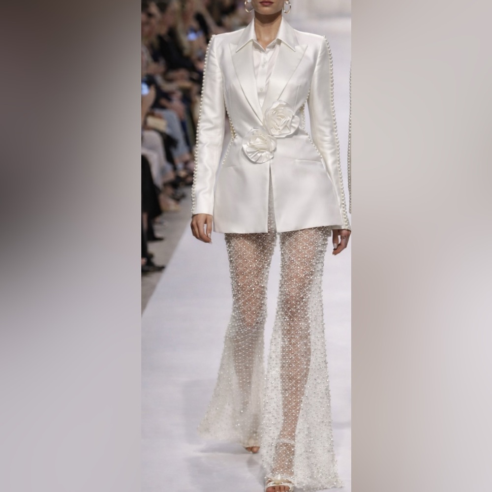 NEW $698 La Rosée Impériale Pearl Couture Pantsuit Set